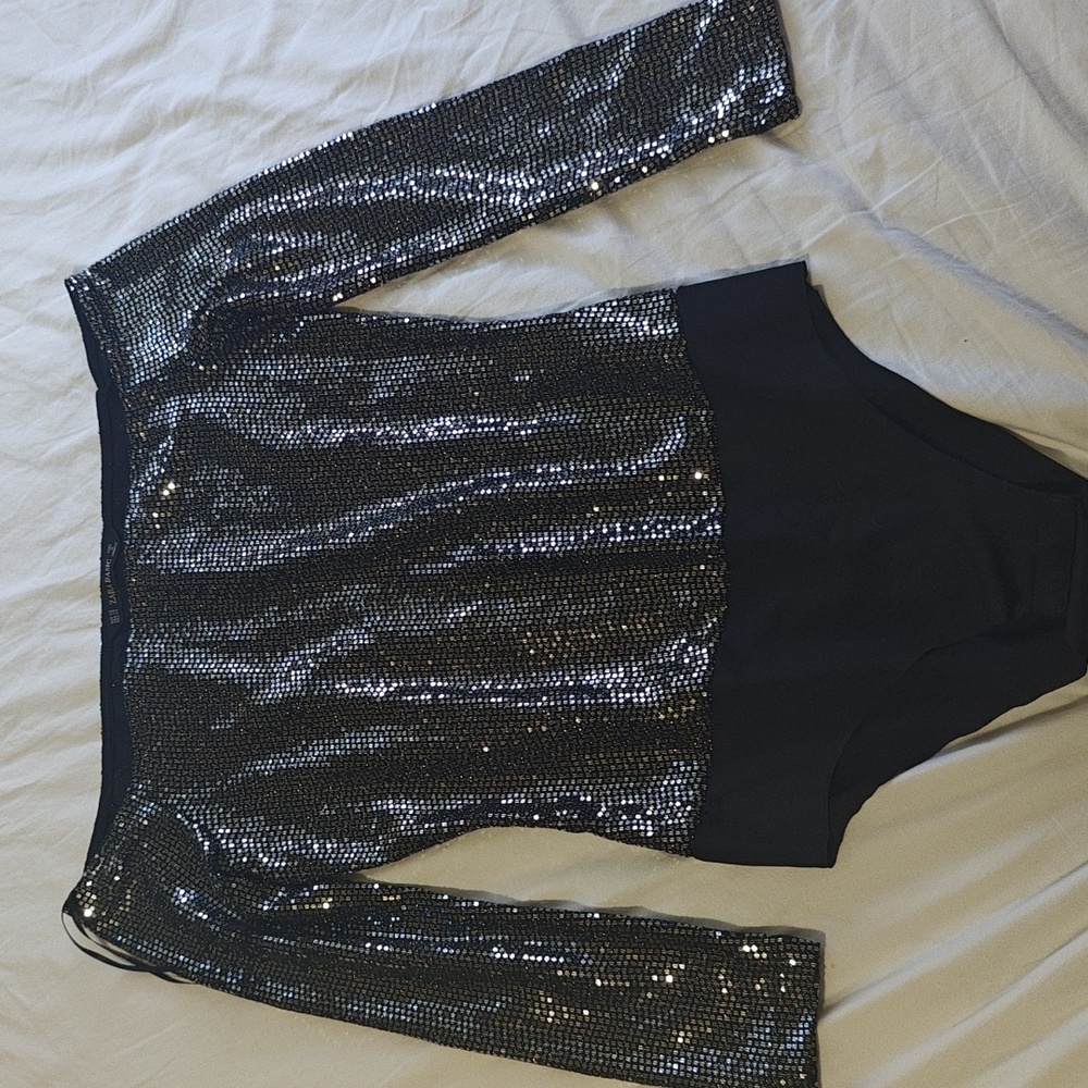 Zara Basic Sequined Body Suit XS Black Silver Shiny Off Shoulder
